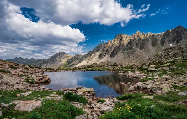 Grass, clouds, landscape, mountains, lake, Andorra