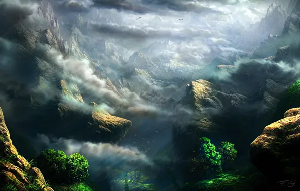 Greens, clouds, trees, mountains, rocks, height, art, Fel-X