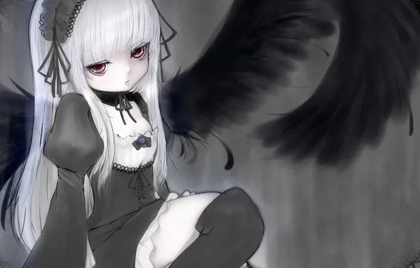 Picture girl, flowers, roses, wings, anime, art, rozen maiden, suigintou