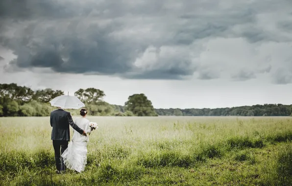 Wallpaper The Sky Grass Clouds Umbrella Lovers Two The Bride The