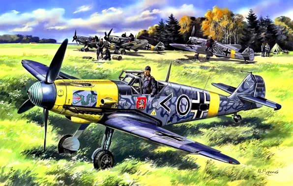 Grass, Forest, the airfield, Messerschmitt, pilot, aircraft, JG3''Udet'', Bf.109F-2