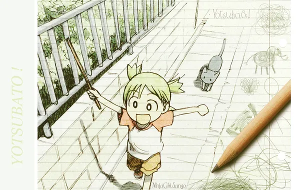 Kitty, the fence, green hair, fun, Yotsubato, run, by Kiyohiko Azuma, Yotsuba Koiwai