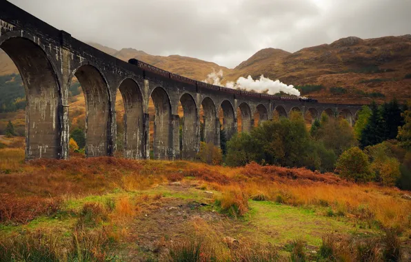 Train, valley, Glenfinnan Viaduct