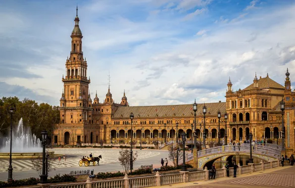 Trees, bridge, area, lights, channel, fountain, Spain, Palace