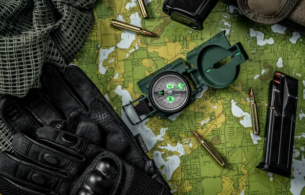 Map, fabric, gloves, bullets, cartridges, compass
