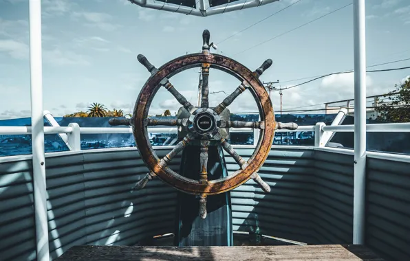 Sea, palm trees, ship, Marina, sailboat, the wheel, the wheel, cockpit