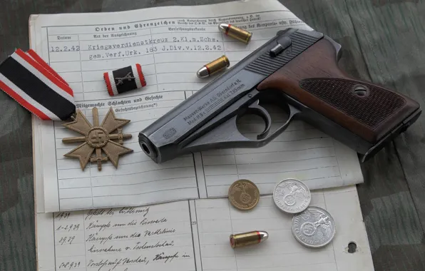 Gun, war, medal, coins, cartridges, German, 1944, world