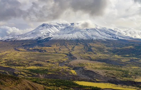 Picture USA, forest, river, nature, autumn, mountains, volcano, glacier