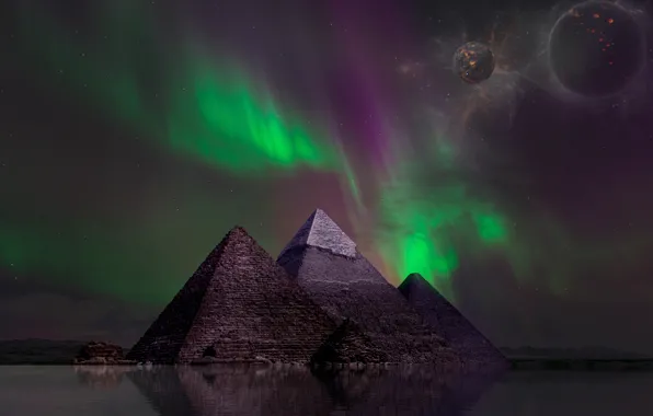 Space, night, rendering, fiction, planet, Northern lights, pyramid, pond