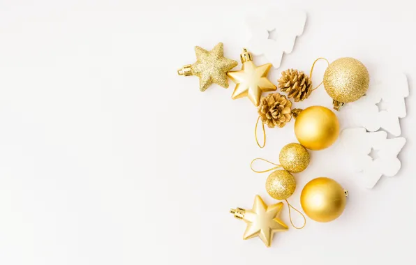 Picture balls, holiday, toy, new year, white background, golden, Christmas, decoration