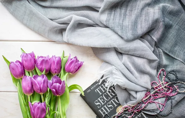 Necklace, tulips, book, shawl