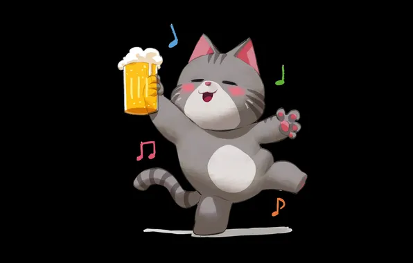 Beer, cats, black background, open mouth, alcohol, simple background, closed eyes, Drunk