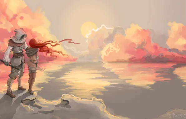 Picture sea, the sky, girl, clouds, landscape, sunset, reflection, weapons