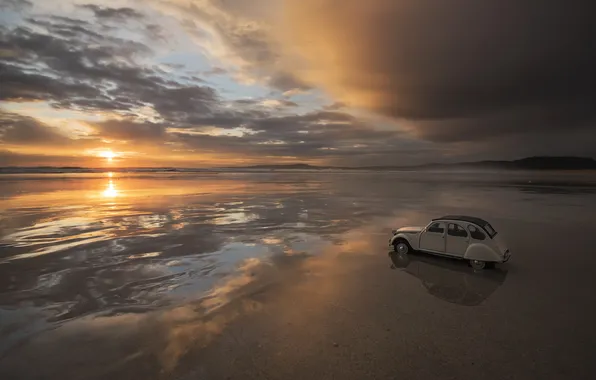 Picture sea, machine, sunset