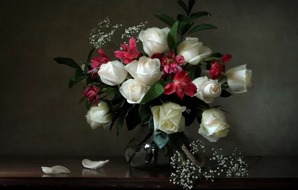 Roses, bouquet, petals, white roses, gypsophila, alstremeria
