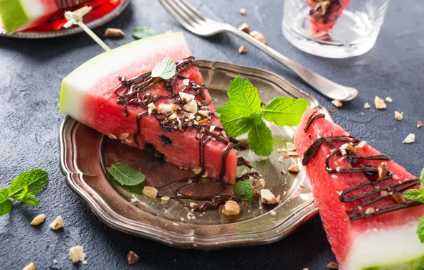 Picture chocolate, watermelon, nuts, dessert, slices, Iryna Melnyk
