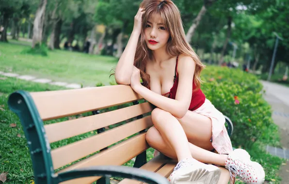 Girl, Asian, bench