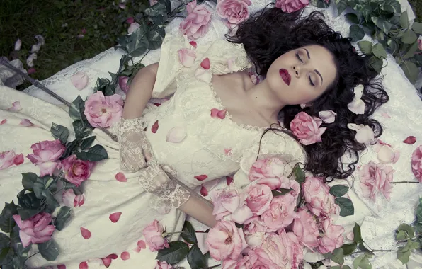 Girl, hair, roses, petals, lips, lying, wedding dress
