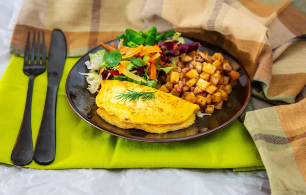 Food, Breakfast, vegetables, salad, omelette