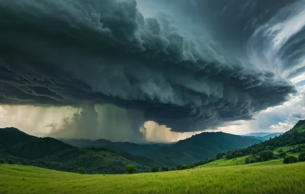 Field, the sky, mountains, clouds, hurricane, tornado, AI art