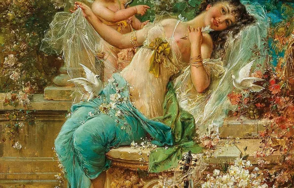 Flowers, Girl, Smile, Picture, Hans Zatzka, Cupid, Austrian artist, Hans Zacka