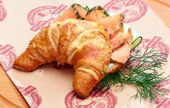 Greens, sandwich, croissant, salmon