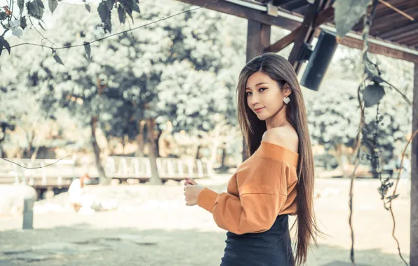 Look, the sun, pose, model, skirt, portrait, makeup, hairstyle