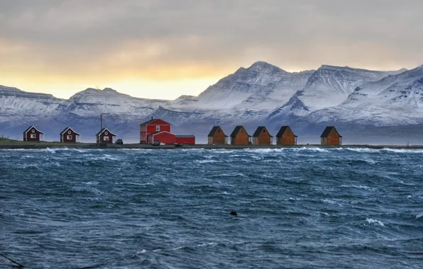 Picture sea, the sky, mountains, clouds, home, the village