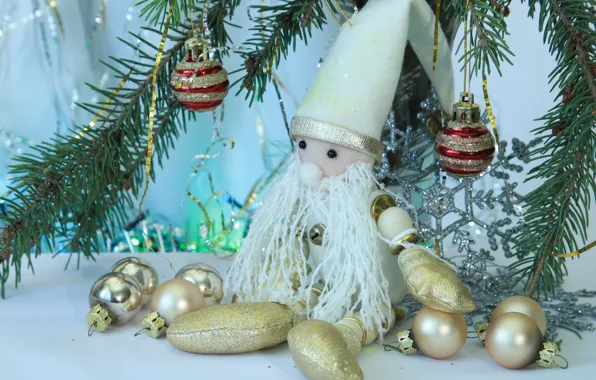 White, balls, branches, table, holiday, toy, toys, doll