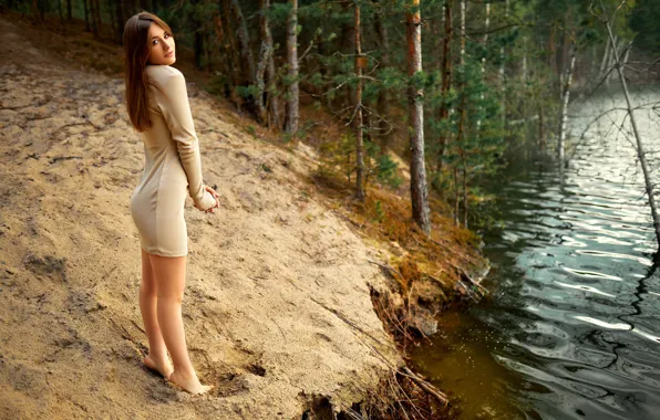 Sand, look, trees, pose, river, model, portrait, makeup