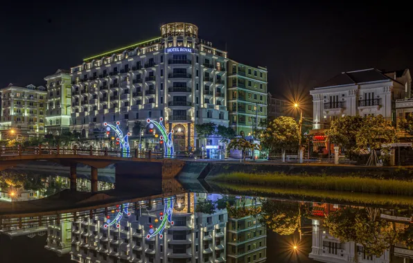 Night, reflection, river, the building, lights, the hotel, Vietnam, Hotel Royal