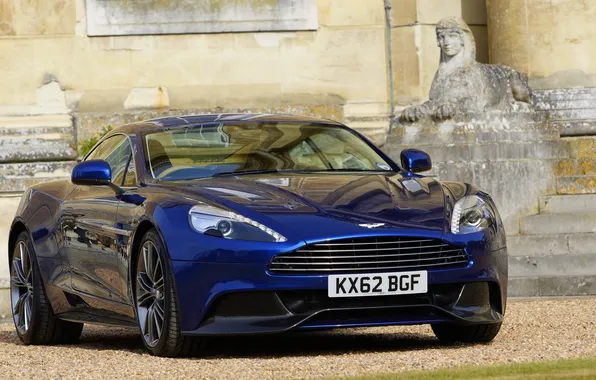 Aston Martin, Blue, Machine, Grille, The hood, Lights, Vanquish, The front