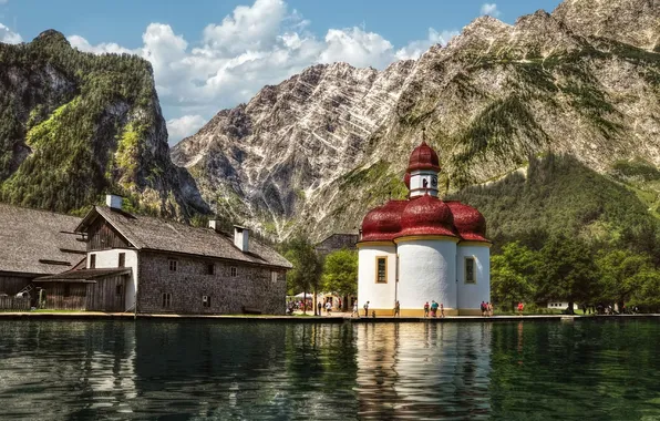 The sky, mountains, lake, people, home, Germany, Church, Bavaria