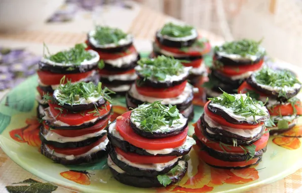Picture eggplant, tomatoes, appetizer