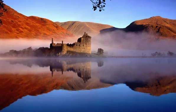 Picture sky, landscape, nature, water, mountains, lake, fog, ruins