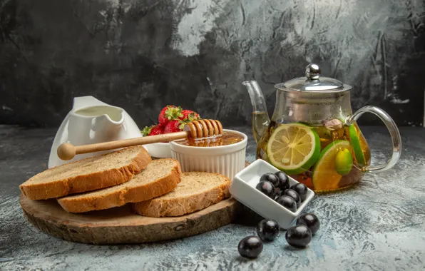 Berries, table, tea, kettle, strawberry, bread, grapes, the tea party