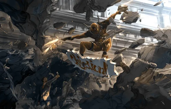 Picture the city, weapons, battle, art, fight, Deadpool