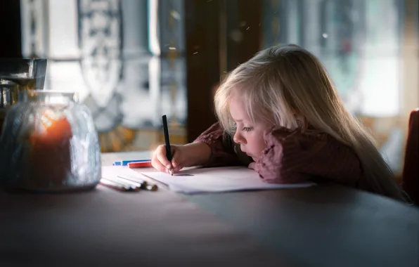 Girl, pencil, notebook