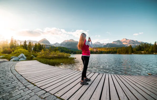 Girl, landscape, shooting, smartphone