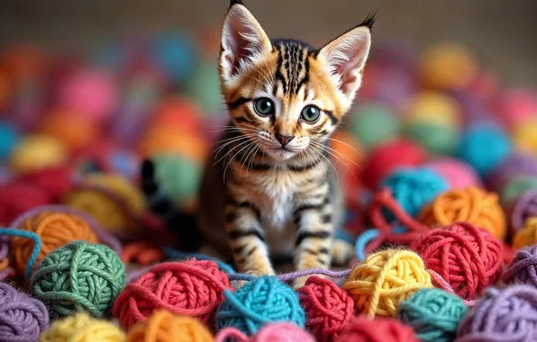Cat, look, pose, kitty, the game, thread, face, striped