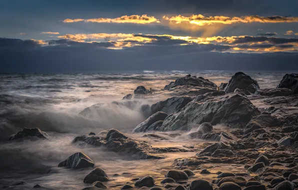 Picture sea, wave, sunset, stones, rocks