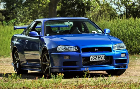 Picture blue, background, Nissan, Nissan, GT-R, Skyline, the front, Skyline