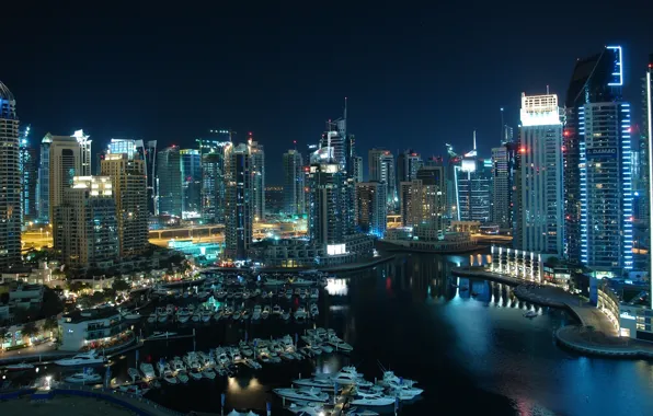 Night, the city, lights, river, yacht