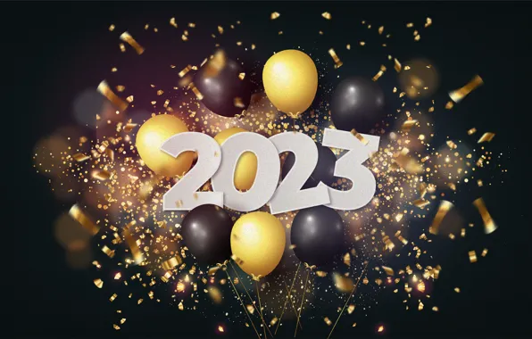 Lights, balloons, the dark background, Shine, yellow, figures, New year, gold plated
