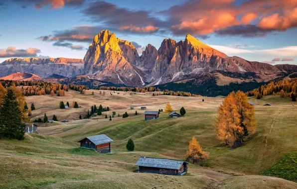 Autumn, mountains, Alps, Italy, house, The Alpe di Siusi