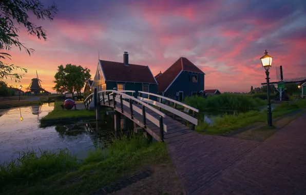 Picture landscape, sunset, nature, pond, village, home, lights, mill
