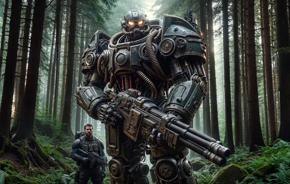 Forest, trees, nature, weapons, people, robot, forest, robot
