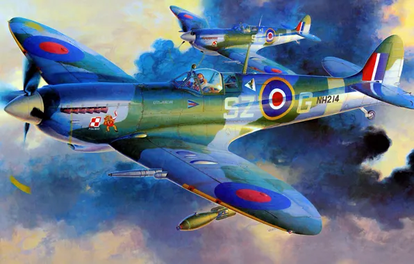 Fighter, war, art, airplane, painting, ww2, Spitfire Mk.IXc late version