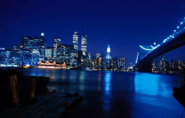 Night, bridge, the city, river, Wallpaper, skyscrapers, wallpaper, new York