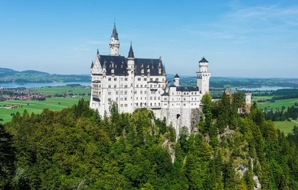 Forest, mountains, blue, castle, rocks, view, Germany, Neuschwanstein
